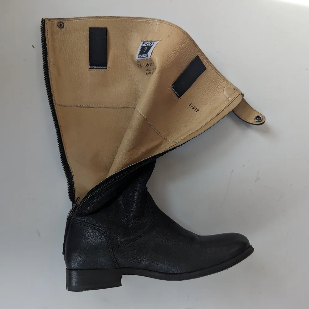 Frye Boots Women's 5.5 B Tall Black Leather back Zipper Low Heel